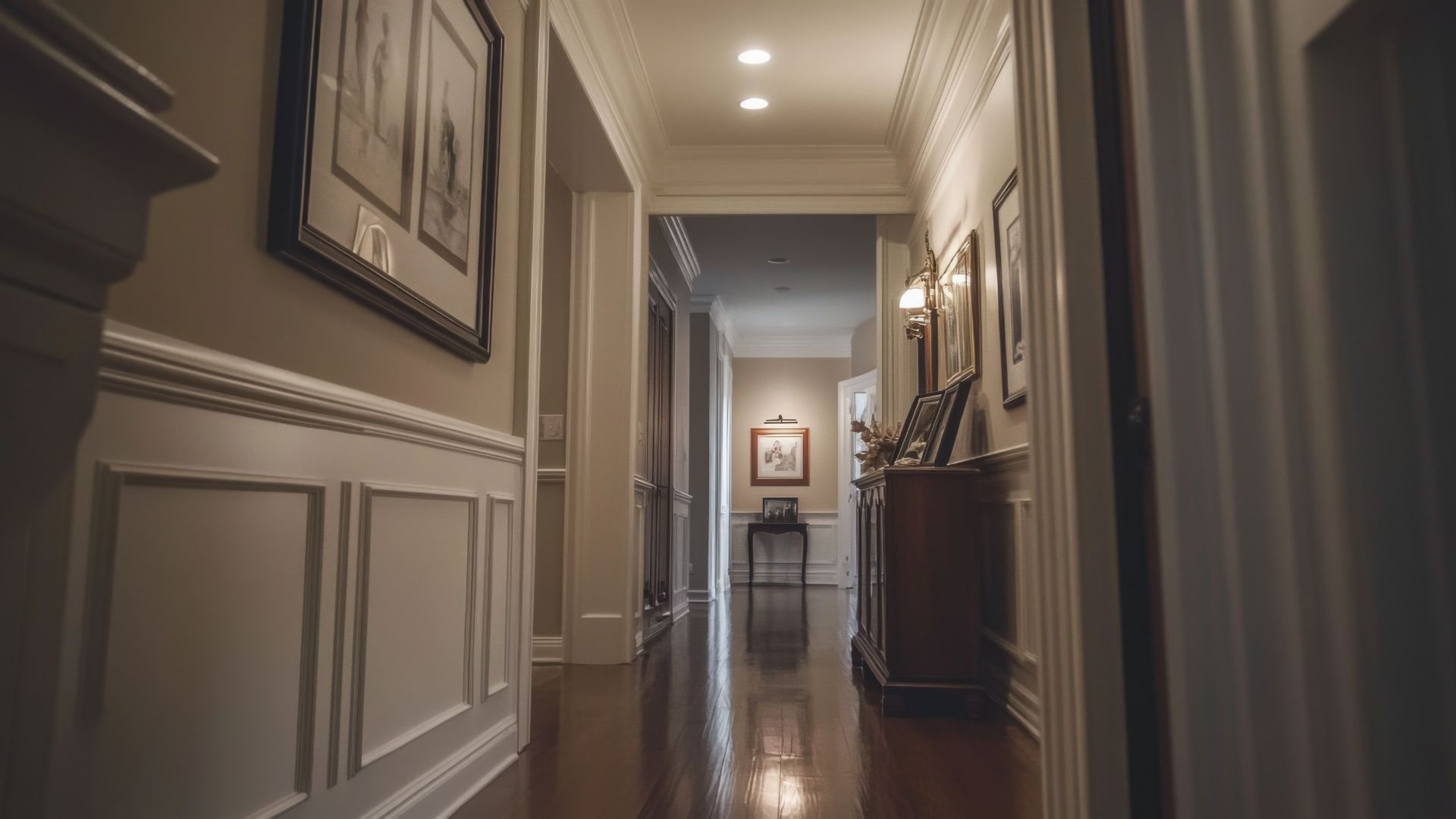 A warmly lit hallway in a traditional home, featuring framed artwork on the walls, polished wooden floors, and a sideboard with family photos-evoking themes of legacy, inheritance, and the importance of planning tools like a Durable Power of Attorney for managing affairs within the family.