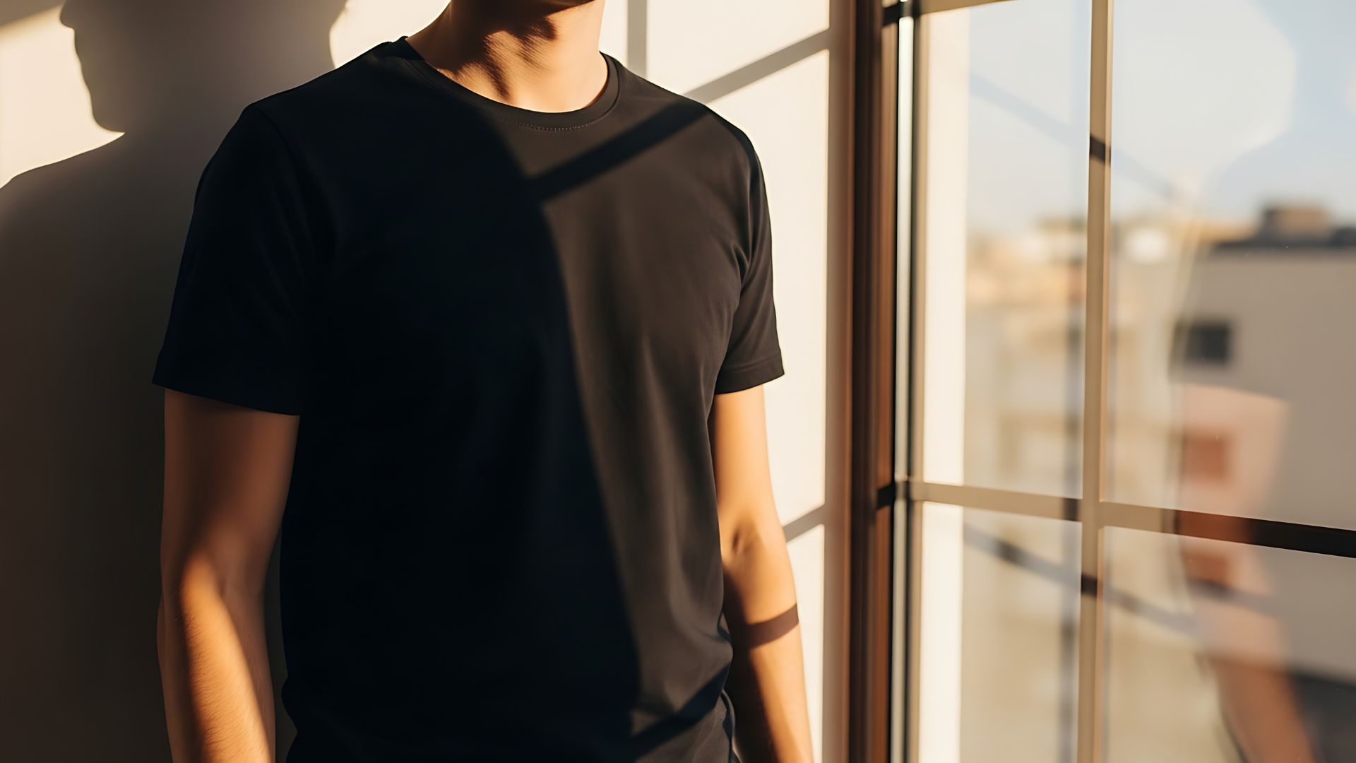 A person wearing a black t-shirt stands quietly by a sunlit window, partially in shadow, possibly reflecting on serious decisions such as appointing a Durable Power of Attorney for future legal or medical planning