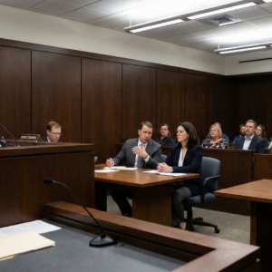 A judge presides over a courtroom with lawyers, a defendant holding a folder, and several people seated as observers.