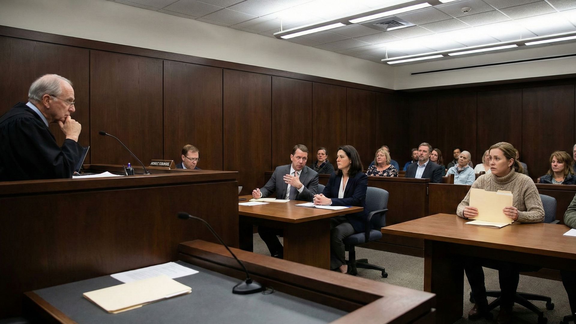 A judge presides over a courtroom with lawyers, a defendant holding a folder, and several people seated as observers.