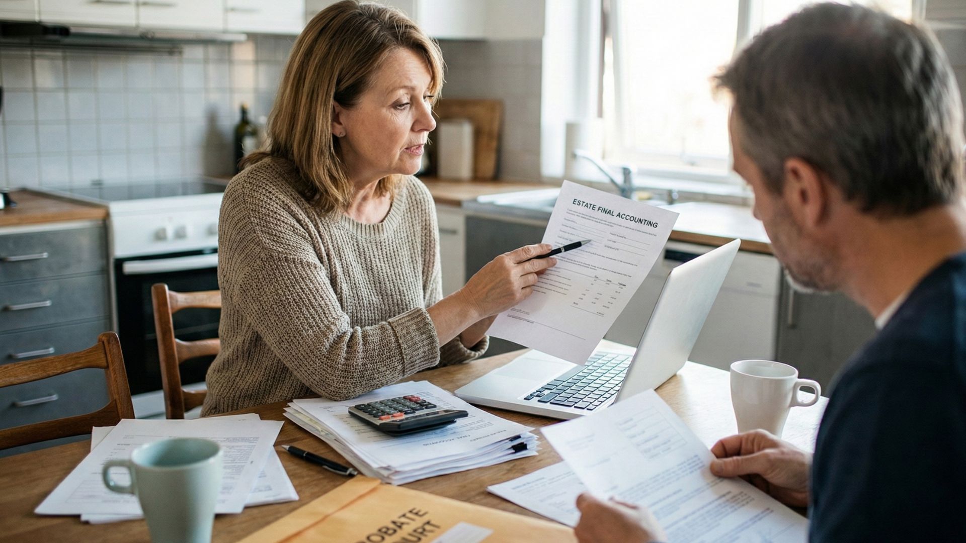A woman and a man sit at a kitchen table reviewing financial documents, with a laptop, calculator, papers, and coffee mugs in front of them.
