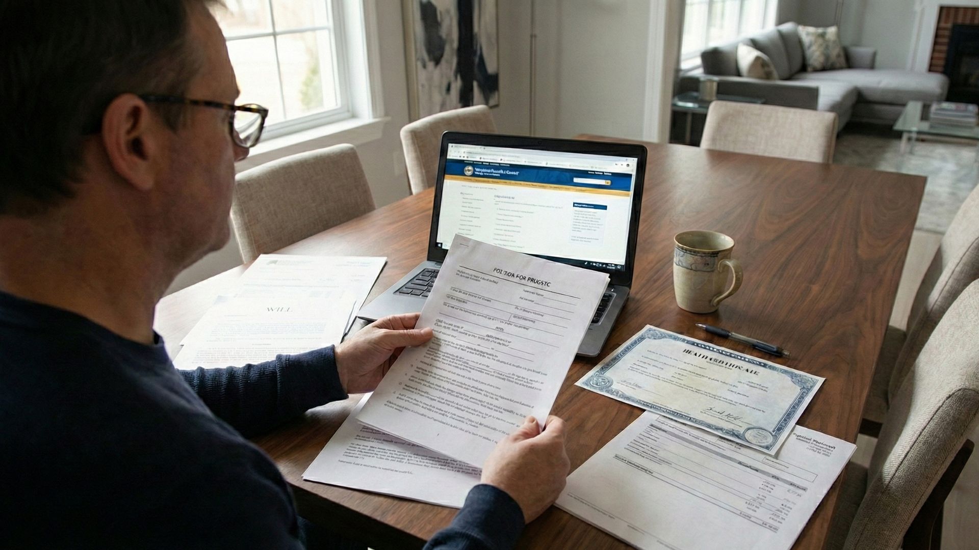A man sits at a wooden table reviewing financial documents, with a laptop displaying a website. Nearby, a mug and more papers are scattered. The scene is focused and contemplative.