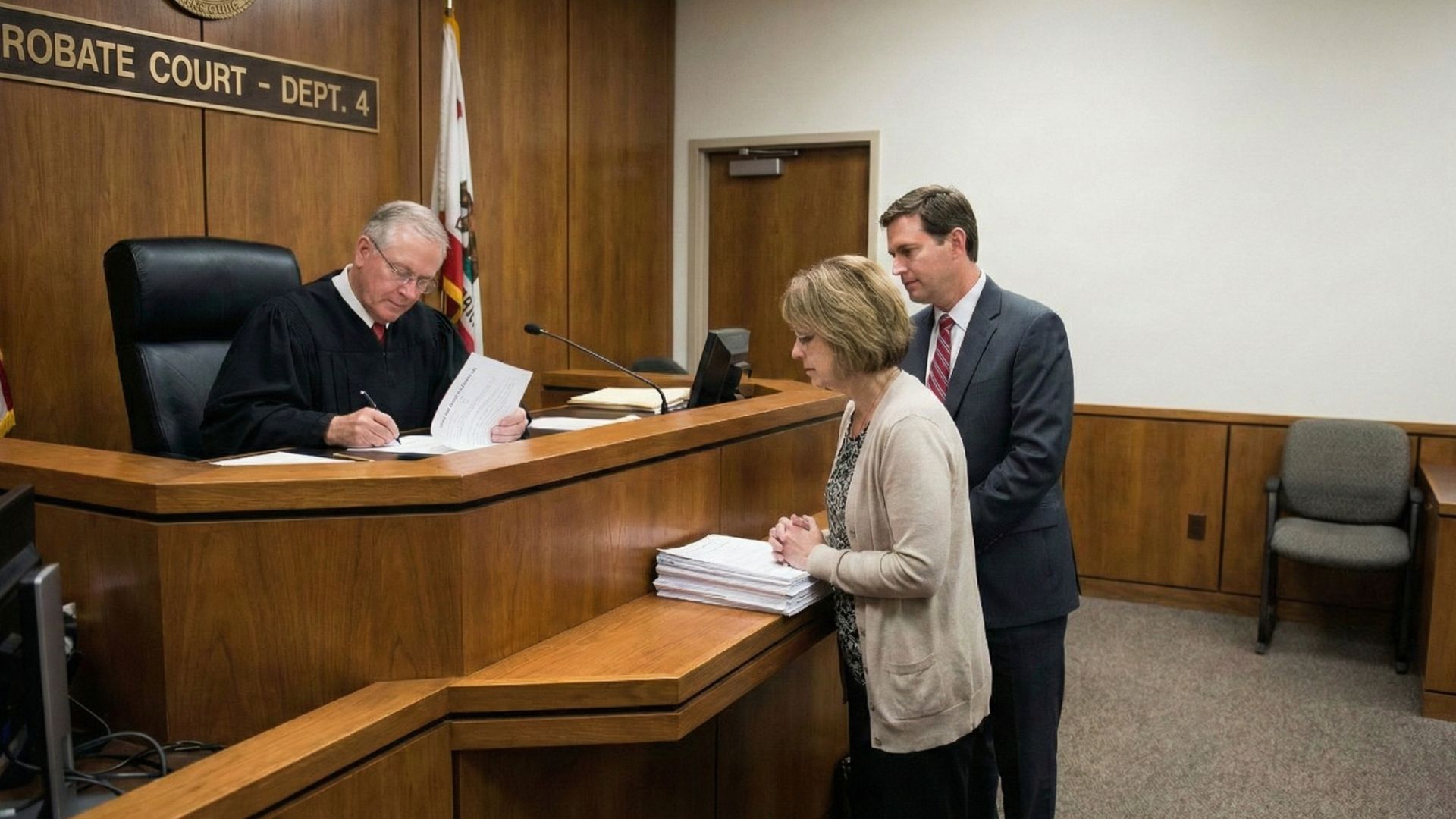A judge in a black robe reviews documents at a wooden courtroom bench labeled "Probate Court Dept. 4." A man and woman stand before him, appearing attentive.