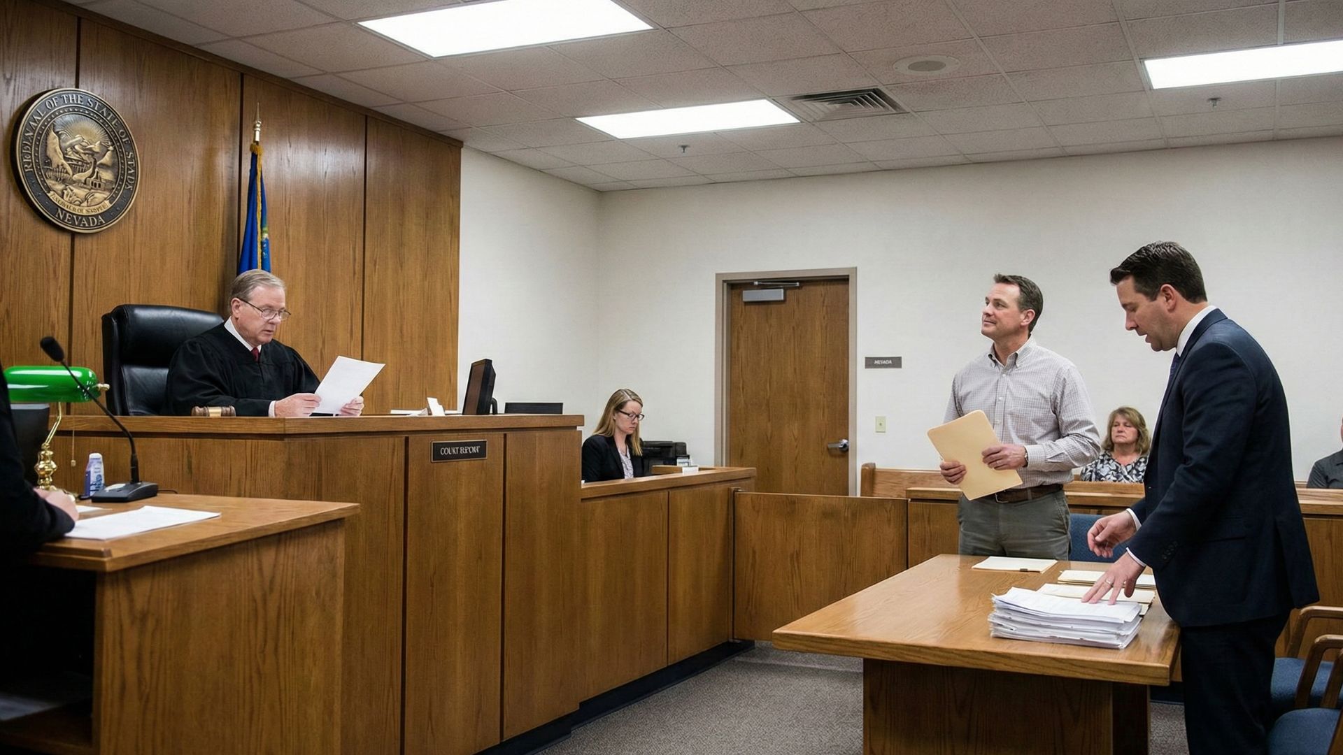 A judge in black robes reviews paperwork in a wood-paneled courtroom. A standing man holds documents, and a lawyer stands near a desk. The scene is formal and serious.