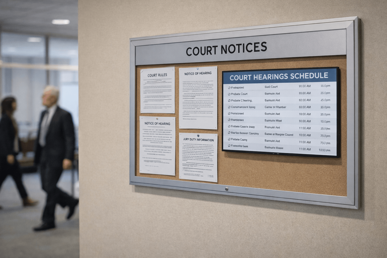 Court notice board displaying probate hearings related to a Probate Sale process