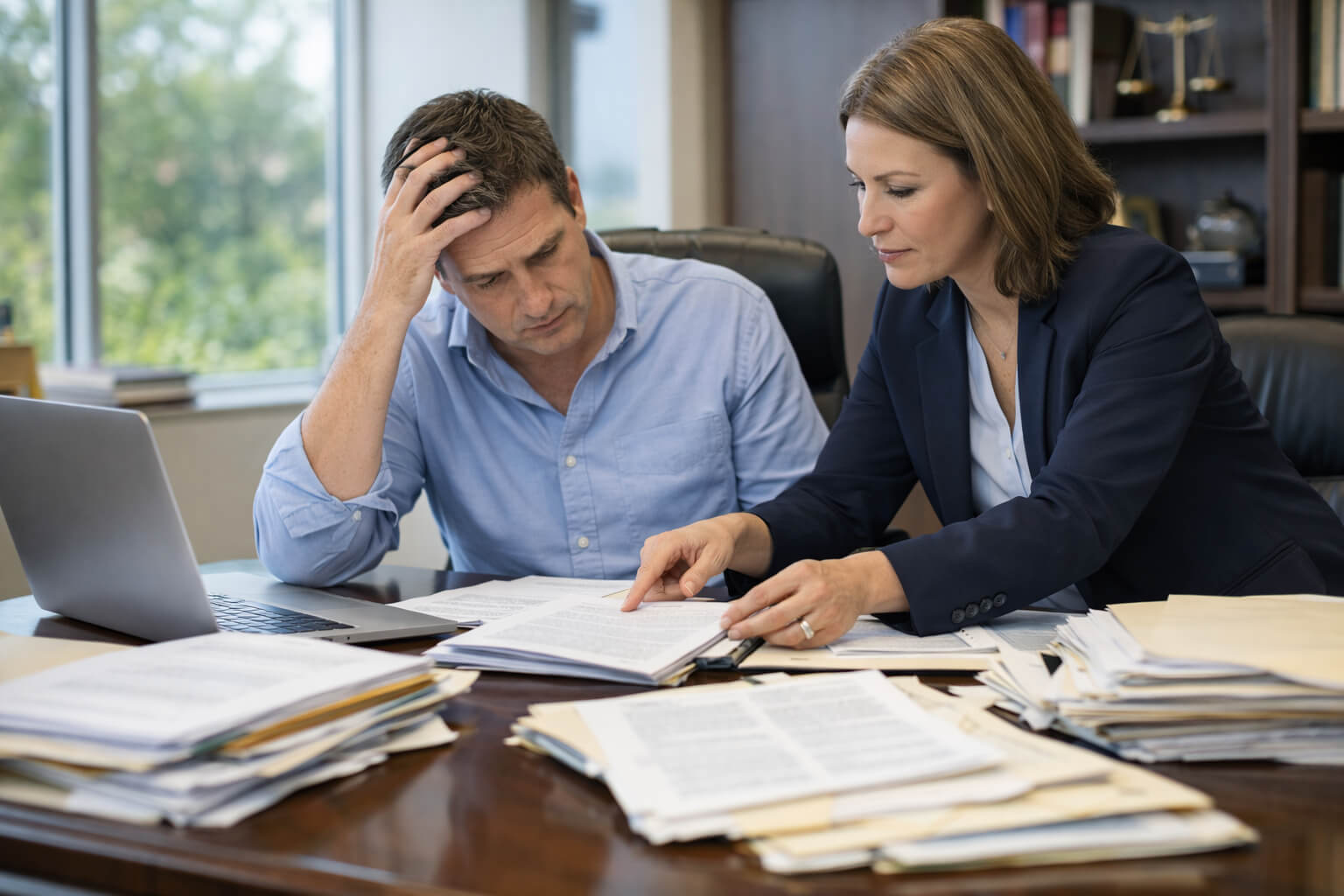 Probate lawyer reviewing costs with client in office.