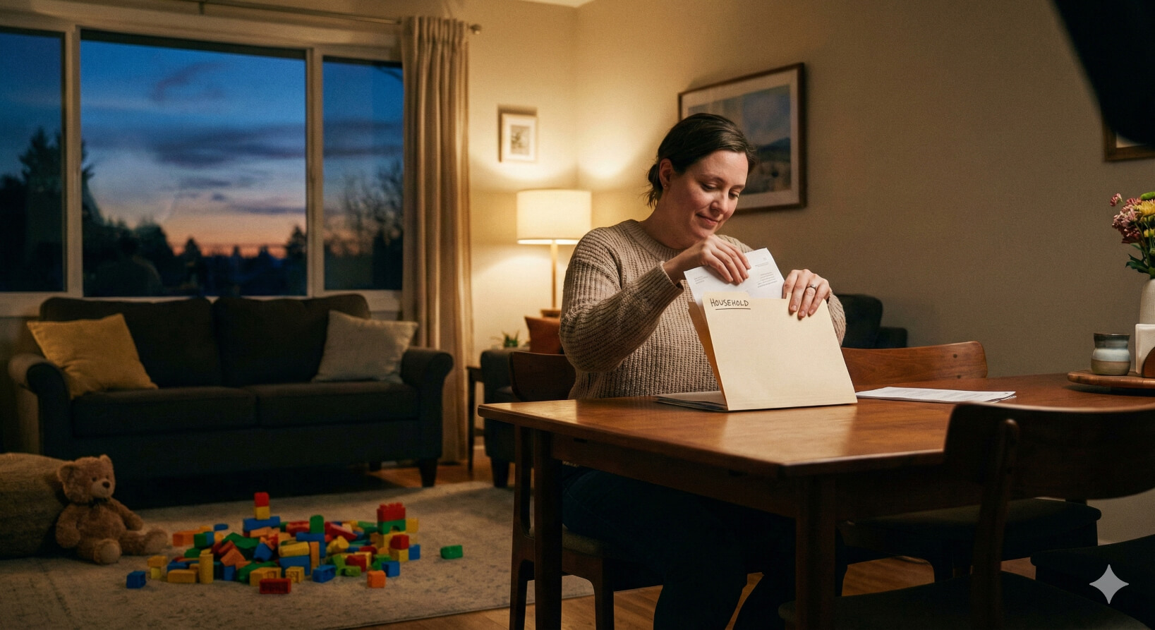 Nevada child support case paperwork being sorted by a parent at a dining table with children’s toys scattered nearby.
