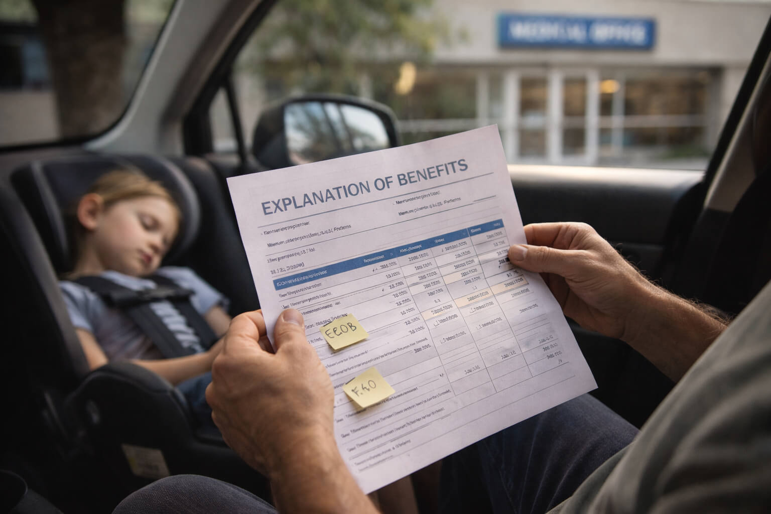 Parent reviewing financial documents related to Nevada child support laws while a child sleeps in a car seat