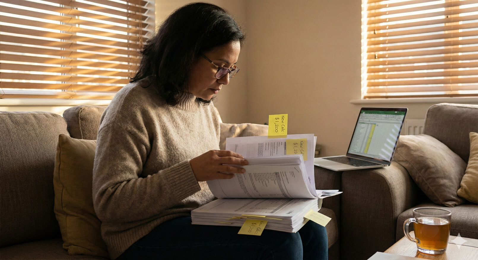 Parent reviewing child support documents and calculations at home under Nevada child support laws