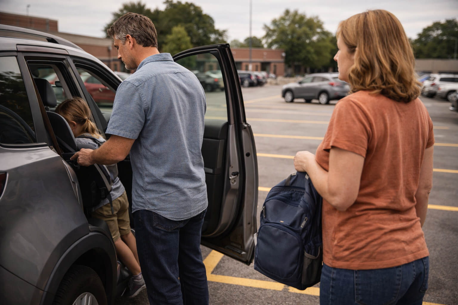 Parent helping a child into a car seat during a custody exchange affected by Nevada child support laws