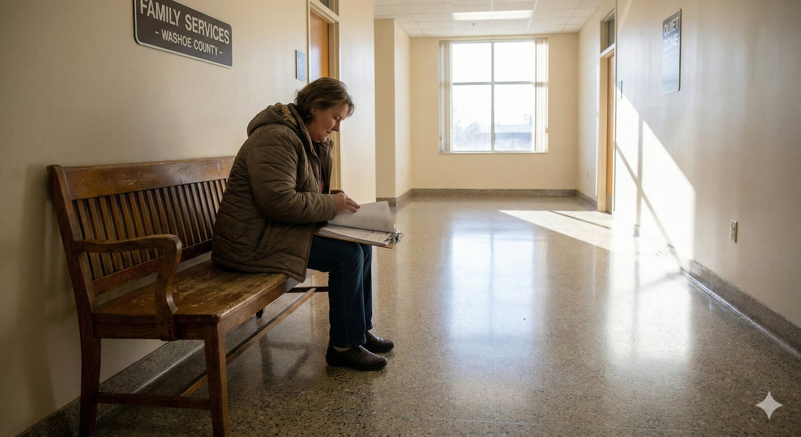 Person reviewing paperwork while waiting at a family services office related to Nevada child support laws