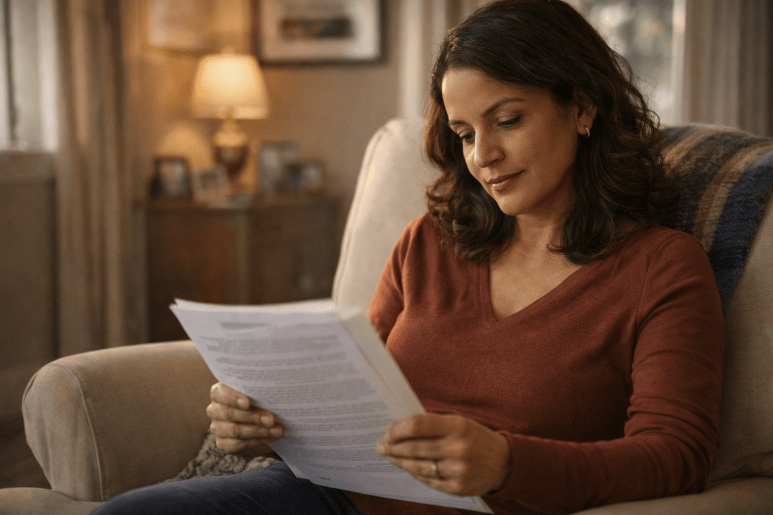 Woman reviewing deed upon death Nevada documents related to transfer of deed upon death at home