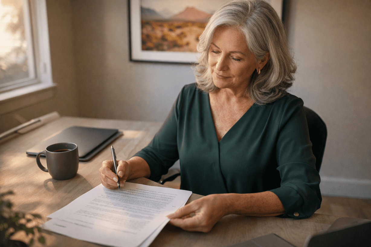 Woman signing legal documents for transfer of deed upon death in Nevada at home desk